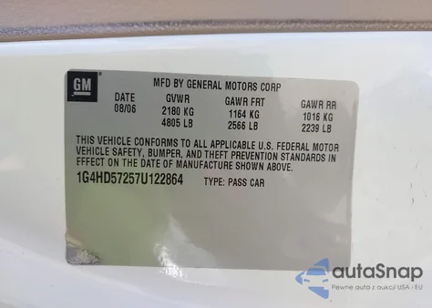 2007 Buick Lucerne Cxl z USA, uszkodzony, nr VIN 1G4HD57257U122864